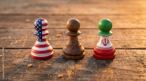 Three chess pawns representing international relations diplomacy strategy concepts placed upon weathered wooden surface with pawns painted national