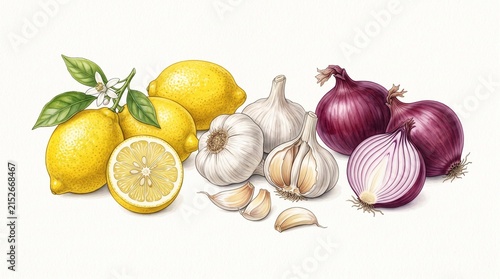 Vibrant lemons garlic and red onions arranged on a clean white surface