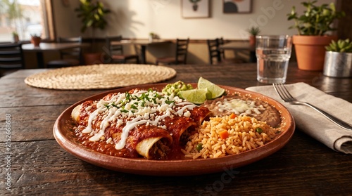 Delicious plate of enchiladas with rice and beans on a rustic table