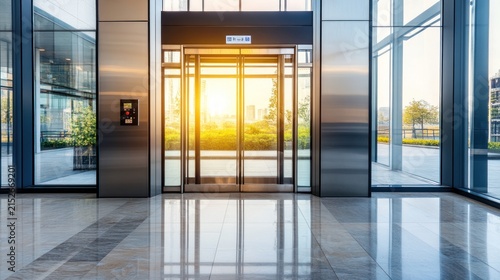 Modern elevator lobby with glass walls, showcasing city view