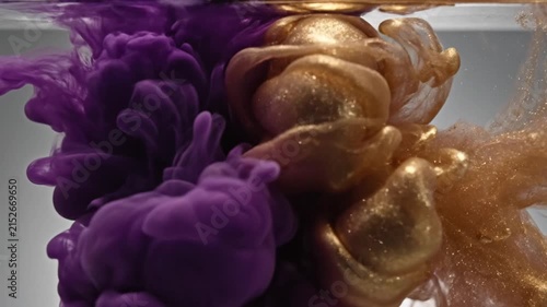 Purple and gold ink droplets mixing in water.