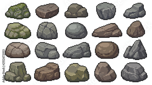 Set of various pixel art rocks and stones for retro video game environment design