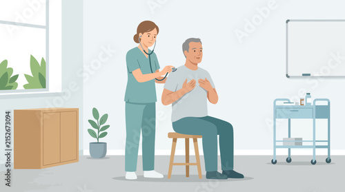Doctor examining patient with stethoscope in clinic, medical check up