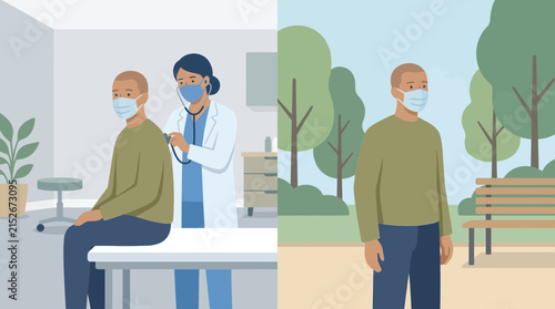 Doctor examining patient in clinic, man in park wearing mask