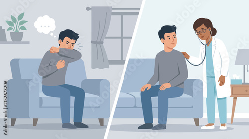 Man coughing into elbow, then seeing doctor for treatment