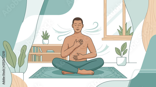 Man meditating cross-legged on mat, breathing deeply, serene indoor scene