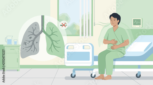 Man practicing deep breathing on hospital bed, lungs diagram, health