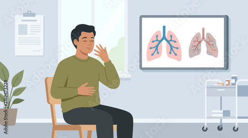 Man Practicing Deep Breathing in Doctor's Office with Lungs Chart