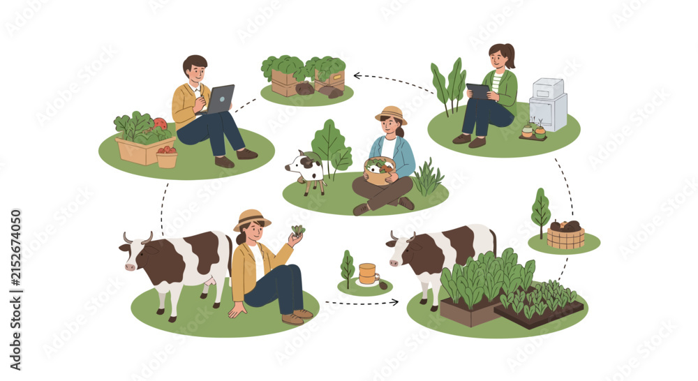Fototapeta premium Sustainable farming cycle with people, cows, and crops on transparent background