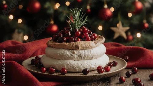 christmas cake. pavlova topped with red cranberries and rosemary garnish, placed on wooden table with red Christmas fabric
