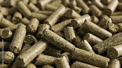 A close-up view of compressed alfalfa pellet feed stored in bulk, featuring high-quality agricultural livestock nutrition for farm animals and cattle.