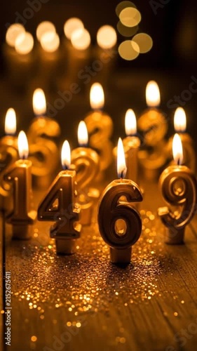 Glowing number candles arranged on a wooden table with shimmering golden glitter dust