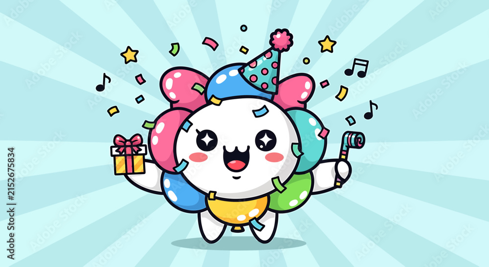Naklejka premium Cute Cartoon Character Celebrating Birthday with Balloons, Gift, and Party Popper