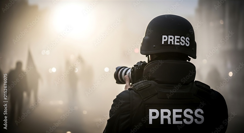 Obraz premium Photojournalist Wearing Press Helmet and Vest Photographing Protest in Smoke