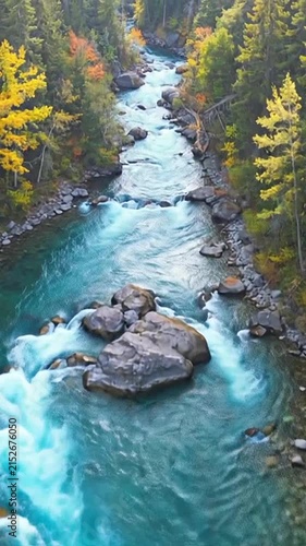 A serene forest river flowing gently through autumn trees