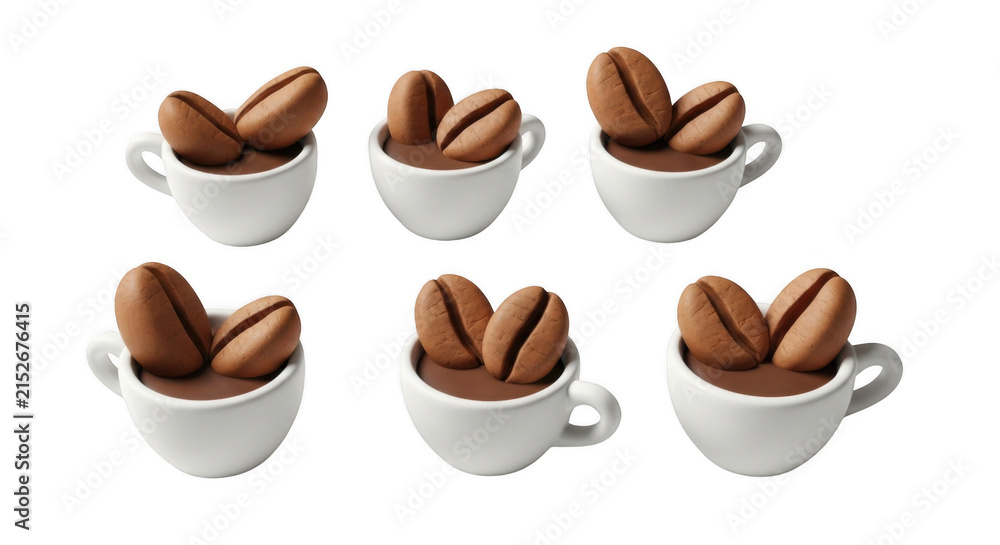 Fototapeta premium artistic coffee beans displayed in miniature white cups on a white background coffee consumption for culinary usage