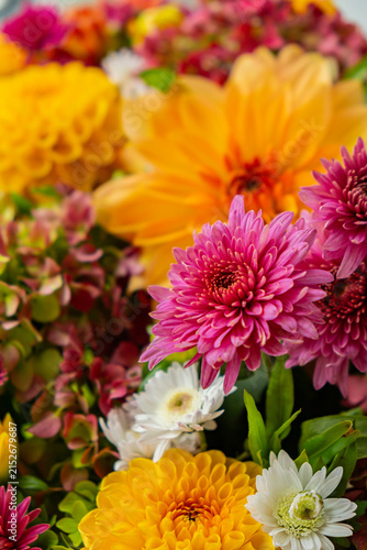 Selective focus Bush of autumnal orange red chrysanthemums and violet dahlia hydrangea. Fall garden beautiful flowers bouquet background. Blooming blossom thanksgiving day arrangement basket at the