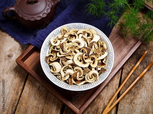 Chinese Herbal Tea Ingredients with Teapot on Wooden Tray