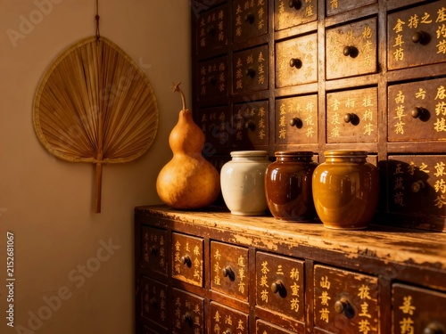 Chinese Herbal Medicine Cabinet with Porcelain Jars and Decorative Fan
