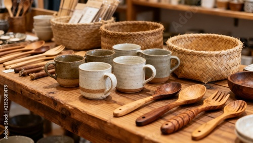 Independent retail display with ceramic pieces natural wood shelf local ret