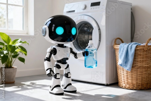 Robot Holding Laundry Detergent Near Washing Machine