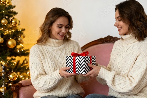 Two Women Exchanging a Christmas Gift by the Tree