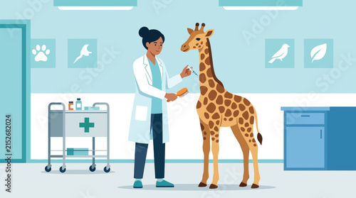 Veterinarian examining a giraffe in a clinic, illustration