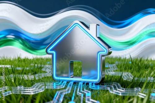 Smart Home Icon on Futuristic Digital Landscape