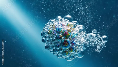Cluster of transparent bubbles rising in dark blue water