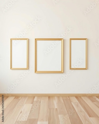 Three empty gold frames on white wall
