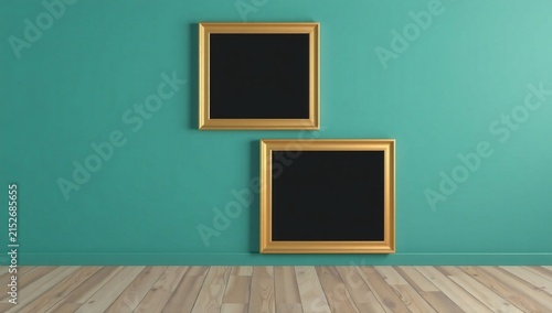 Empty golden frames on blue wall