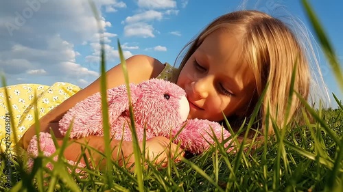 Girl lying in green grass with pink toy.