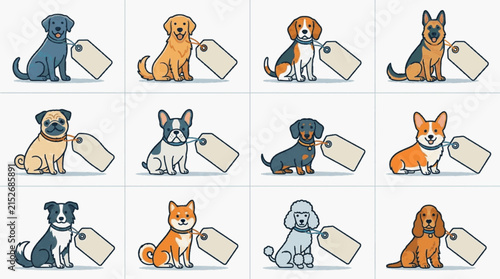 Vector set of twelve cartoon dog breed illustrations including Golden Retriever, Pug, Beagle, and Corgi, each sitting with a blank price tag or name label attached to its collar.