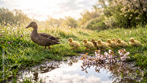 Mother cock duck leading her ducklings along a sunlit pond in spring