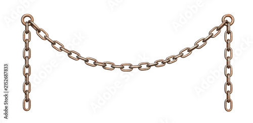 Heavy copper chain hanging between two vertical links, isolated on transparent background, png