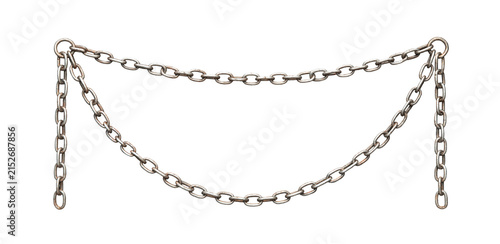 Hanging weathered steel chains in double arc formation, isolated on transparent background, png