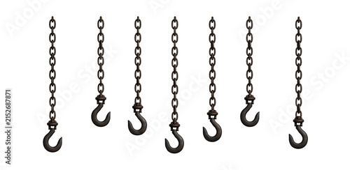 Set of heavy rusty metal industrial chains with hooks hanging vertically, isolated on transparent background, png