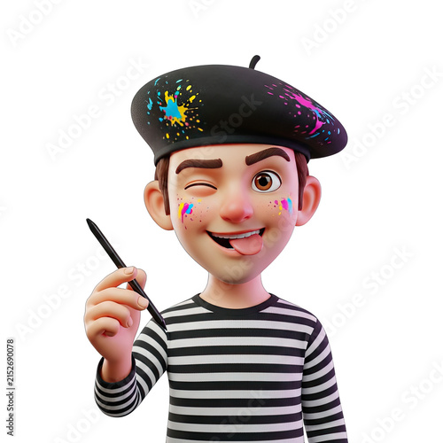 Artist Character Winking with Paint Splatter Beret and Brush