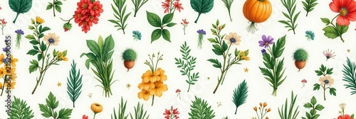 Whimsical hand-drawn herb & plant pattern Seamless design ideal for textile, paper goods , flowers, black, leaves