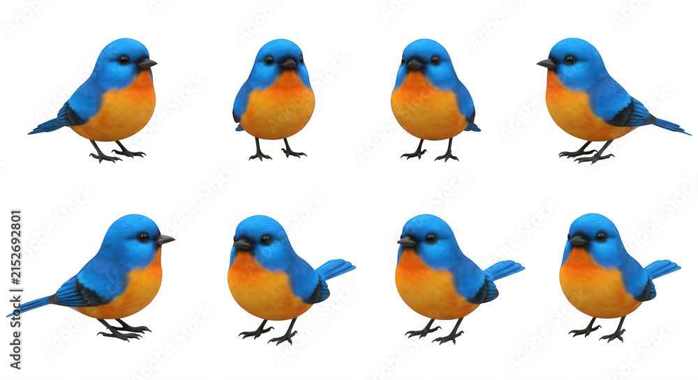 Fototapeta premium eight stylized bluebirds displayed against a white backdrop potentially for educational material or graphic design use