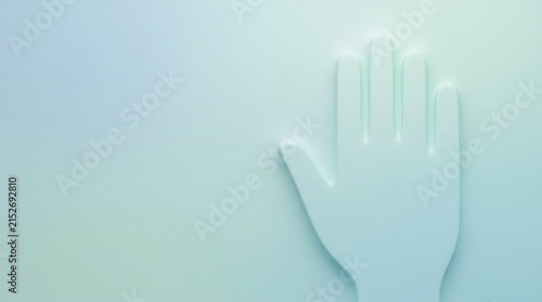 A 3D rendered image of a pastel blue hand against a soft pastel gradient background.