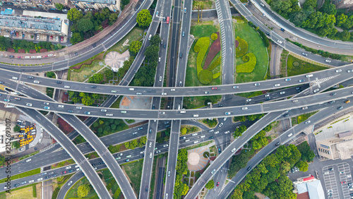 Top‑down aerial shot of complex multi‑level urban highway interchange