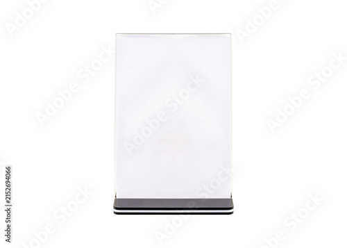 Blank vertical clear acrylic sign holder with black base isolated on transparent background for copy space. Concept for scan to pay qr code, online shopping, e-commerce and financial business.