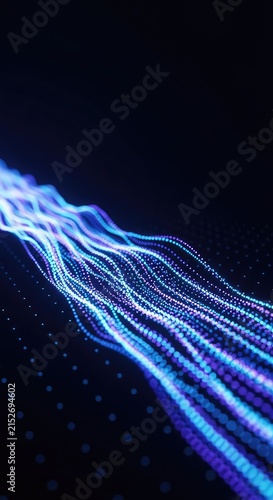 Dynamic futuristic background featuring flowing blue and purple electrical energy particles moving across a dark digital field, abstract, dark, futuristic
