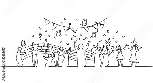 Joyful people celebrating with music notes and confetti, isolated