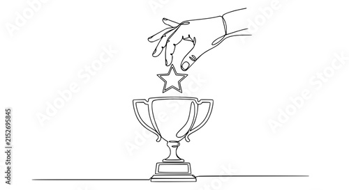 Bild auf Leinwand Hand Placing Star on Trophy, One Line Drawing, Isolated
