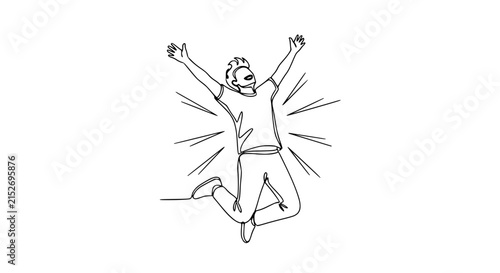 Photography Joyful Man Jumping with Arms Raised, Single Line Drawing, Isolated