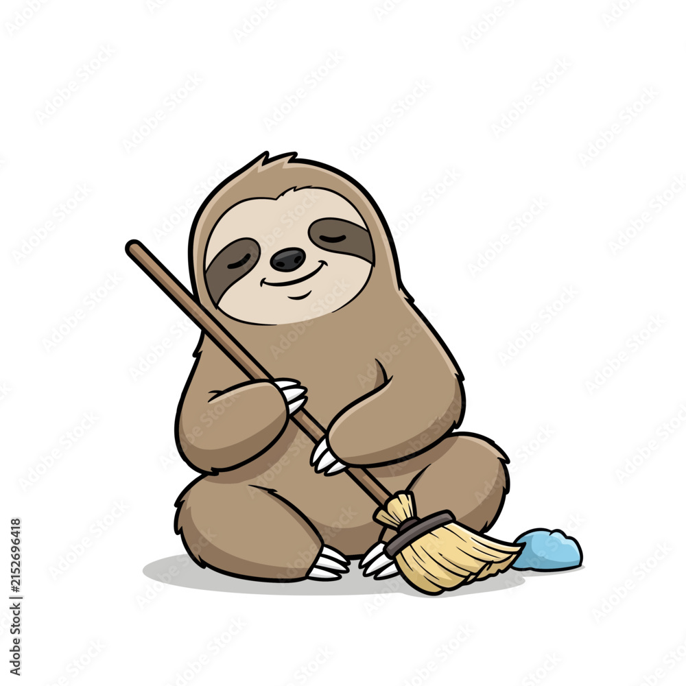 Obraz premium Charming cartoon sloth with closed eyes and a contented smile, sitting on the ground while holding a small broom and sweeping a tiny blue dust pile, presented on a clean white background, conveying a.