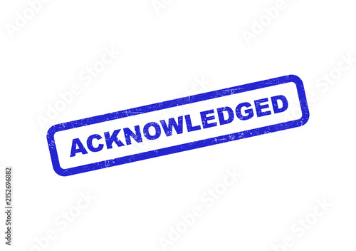 Blue ink rubber stamp impression with the word acknowledged in a box frame isolated on transparent background