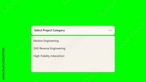 User Interface Dropdown Menu Animation with Project Categories Options on Green Screen Background